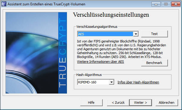 Auswahl des Verschlsselungsalgorithmus in TrueCrypt